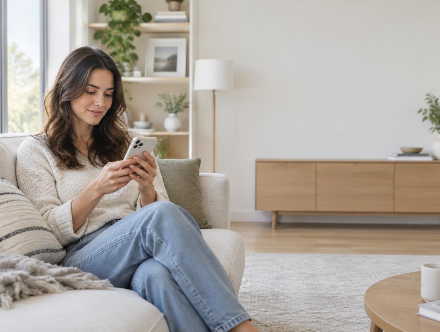 A new mom texting with Naomi at home after discharge