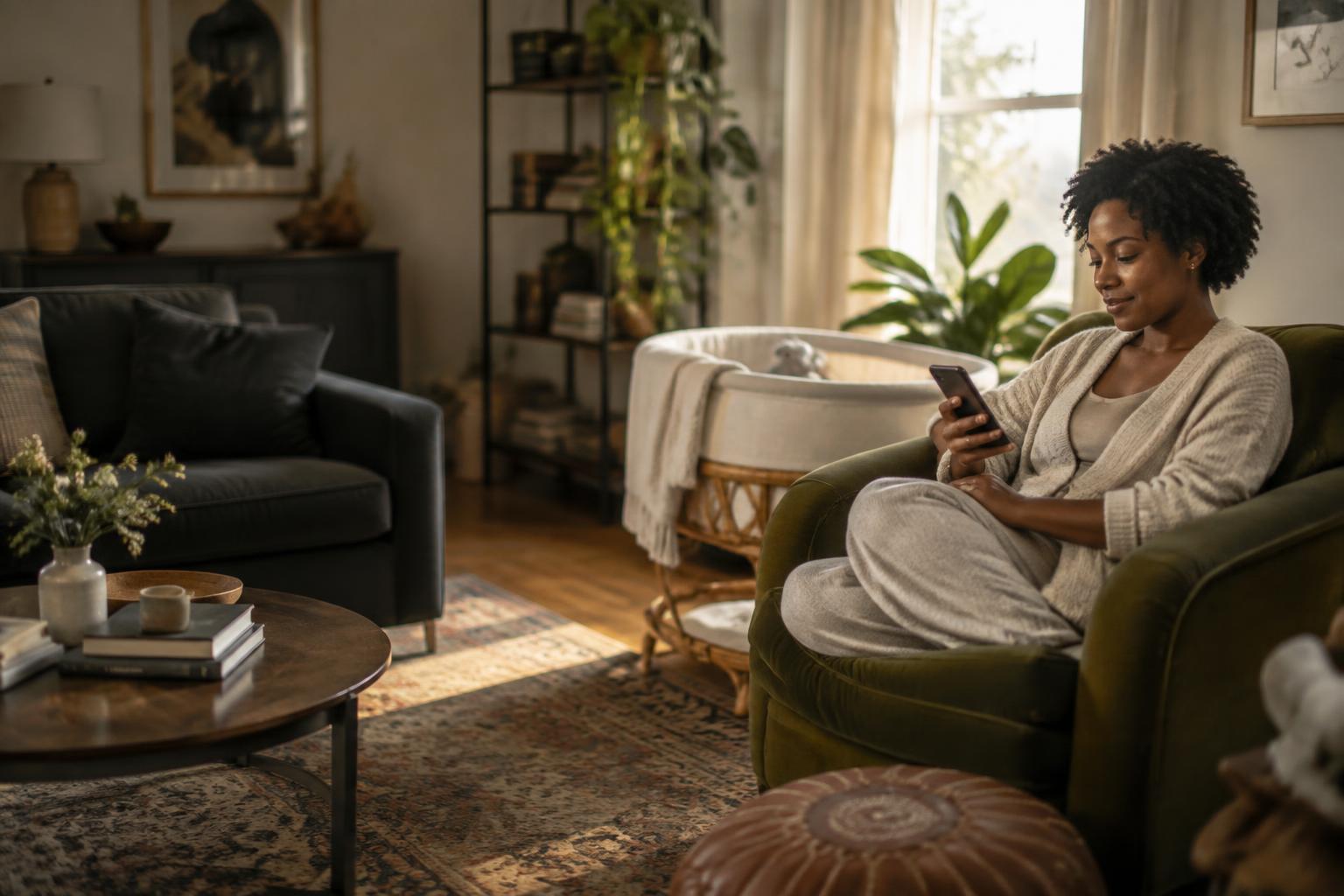 A mother with short natural curls reading a text at home beside her baby's bassinet